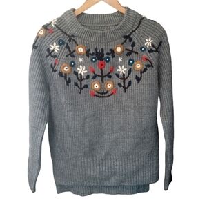 Zara Embroidered Handknit Floral Chunky Knit Sweater Gray Size Medium